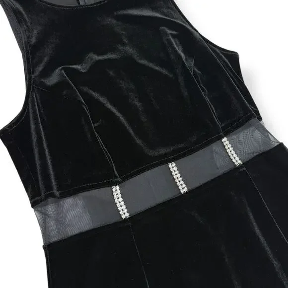 90's sexy black velvet long fitted dress with high slit and mesh crystal trim - Picture 16 of 16